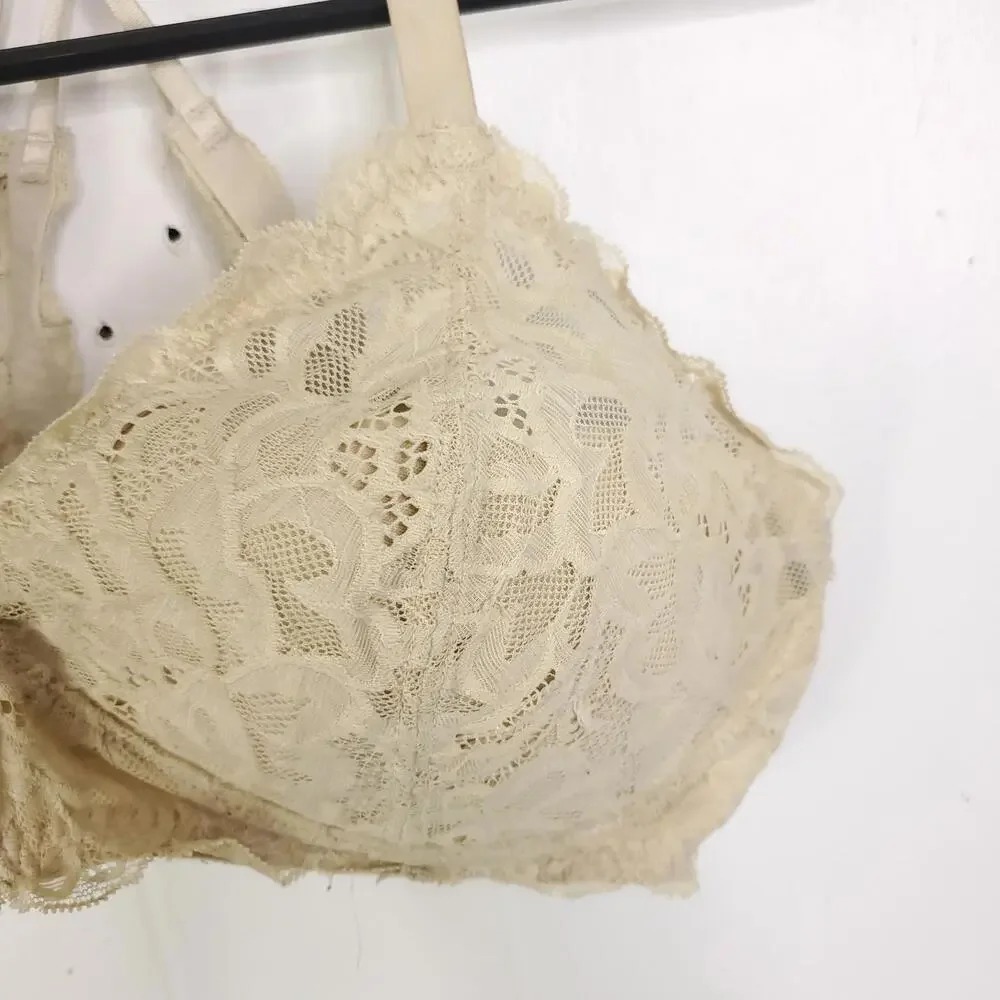 Aerie Bra Womens 36B Lace Bralette Padded Cups Strappy Crossed Back Cream